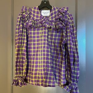 French purple and green plaid ruffle blouse